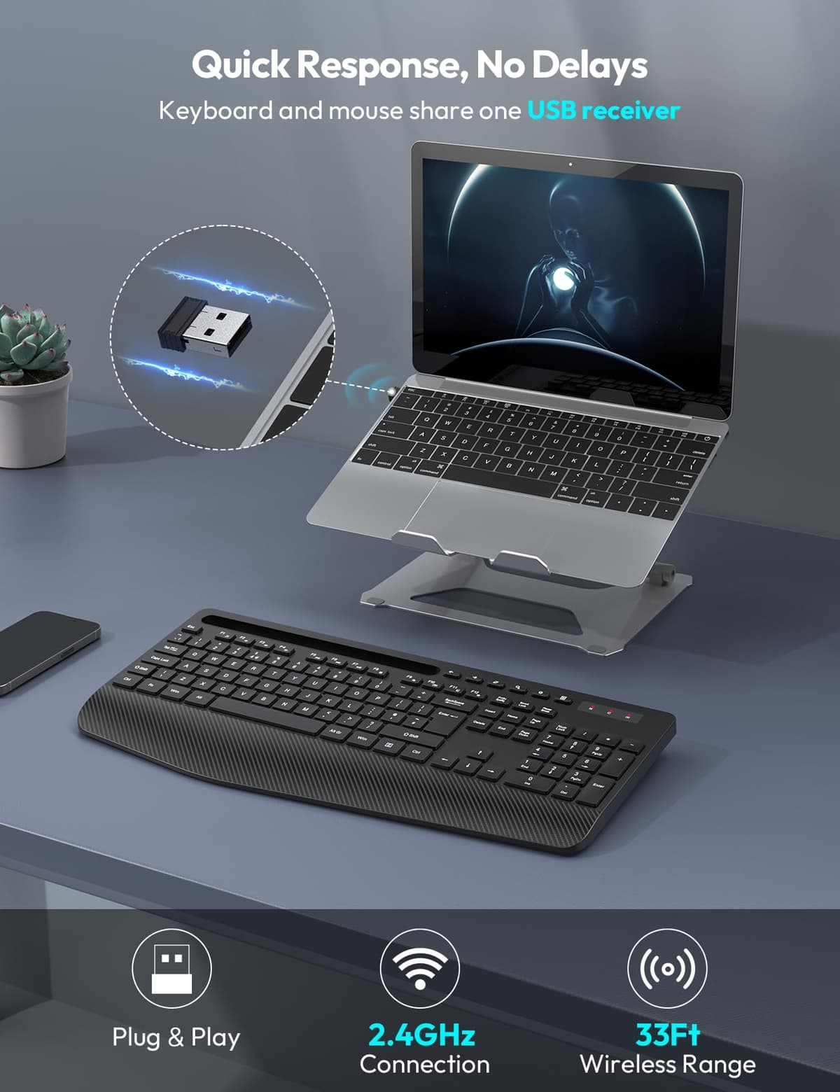 SABLUTE Wireless Keyboard with Wrist Rest, Full-size Ergonomic Keyboards with Phone Holder, Numeric Keypad, 18 Multimedia Keys, Sleep Mode, 2.4GHz Cordless Keyboard for Windows/Computer/PC, KN213 — view 4