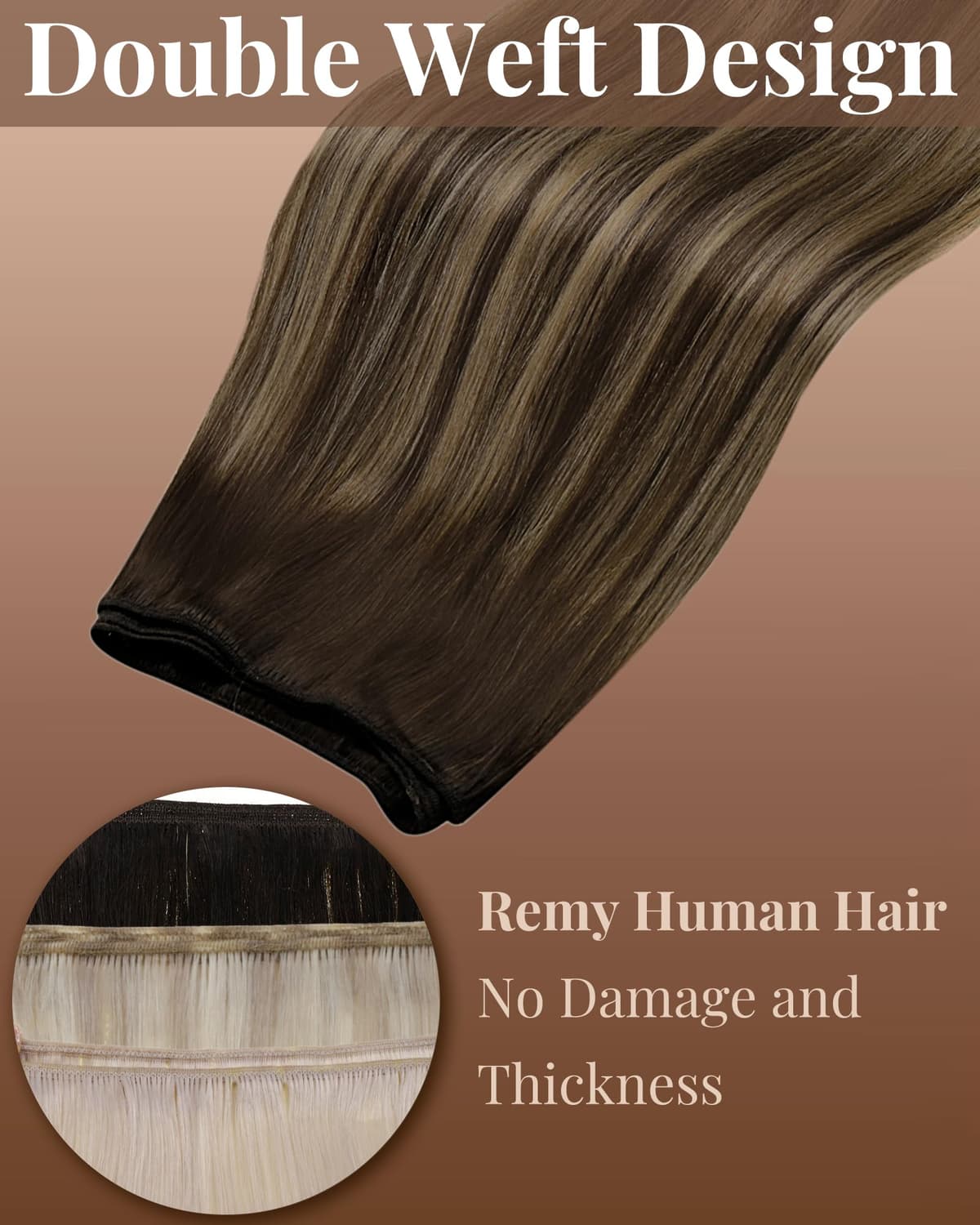 Hetto Weft Hair Extensions Real Human Hair Balayage Dark Brown Mix Honey Blonde 20 Inch 100g - Full Head Sew in Human Hair Wefts, Salon Weave Hair Extensions for Daily Use #4/27/4 — view 2