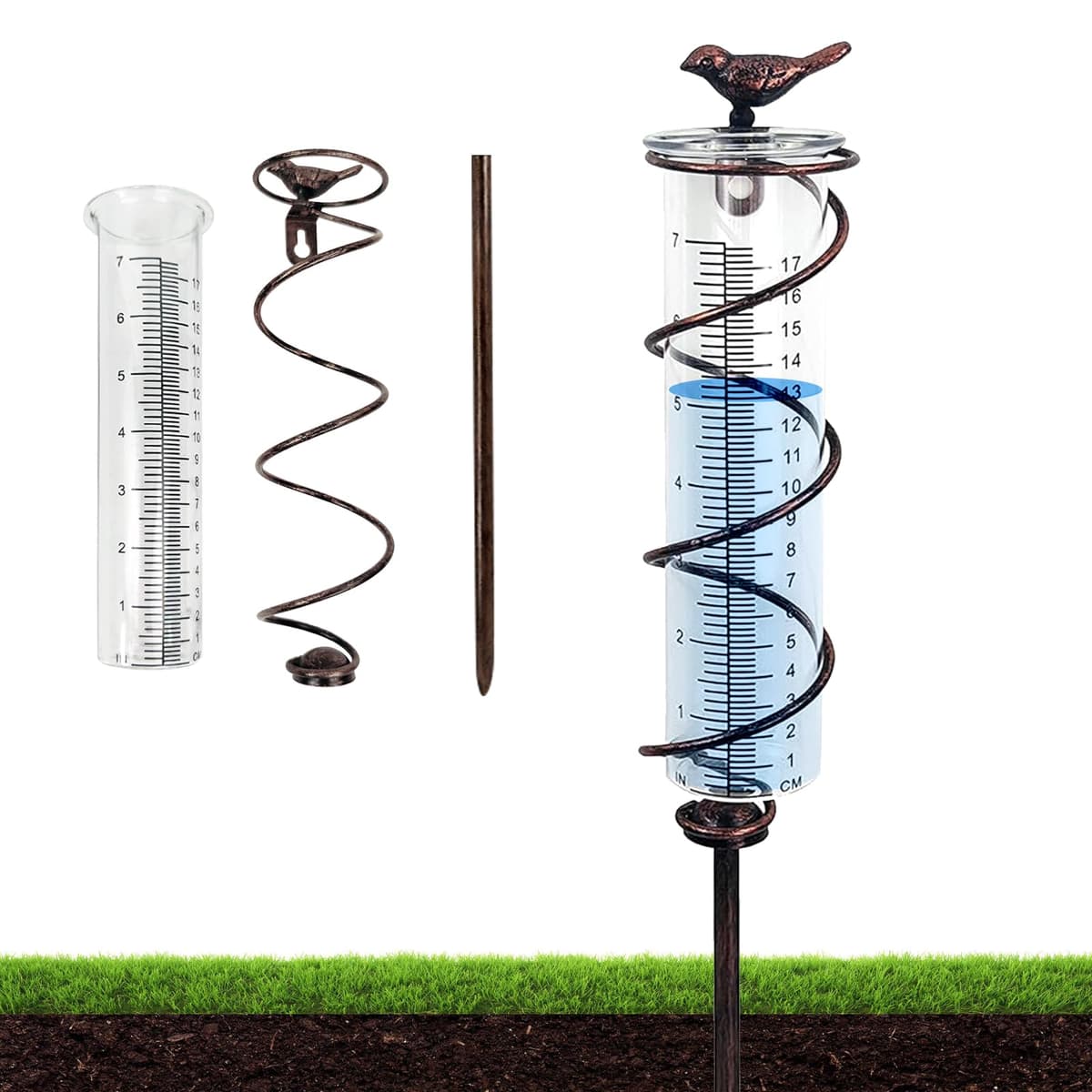 PORFOYO - Pluviómetro para exteriores, jardín anticongelante, pluviómetro de cristal con marco de metal, pájaro de hierro fundido para colgar y pluviómetro decorativo para exteriores