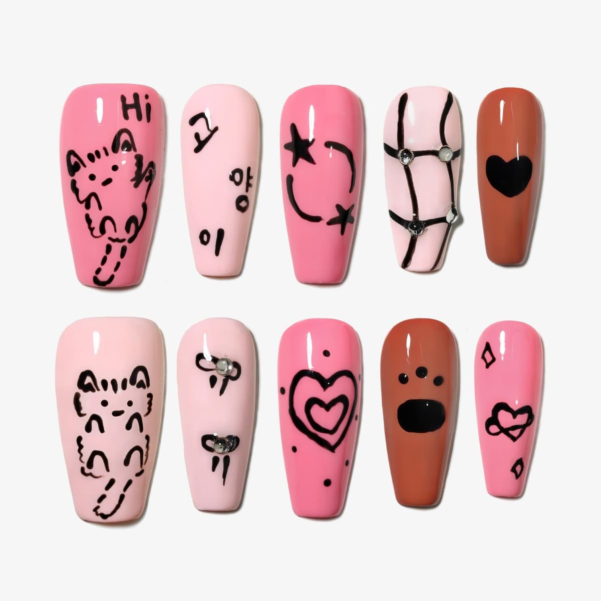 Sun&Beam Nails Handmade Press On Nail Long Coffin Ballerina Pink Flower Acrylic Fake Tip 3D Design Art Charms Cute with Storage Box 10 Pcs (S) — view 94