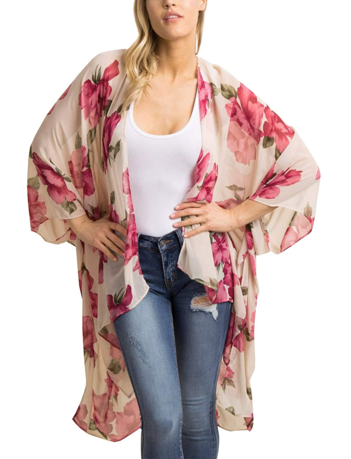 MayBuy Women's Summer Long Flowy Kimono Cardigans Boho Chiffon Floral Beach Cover Up Tops — view 32