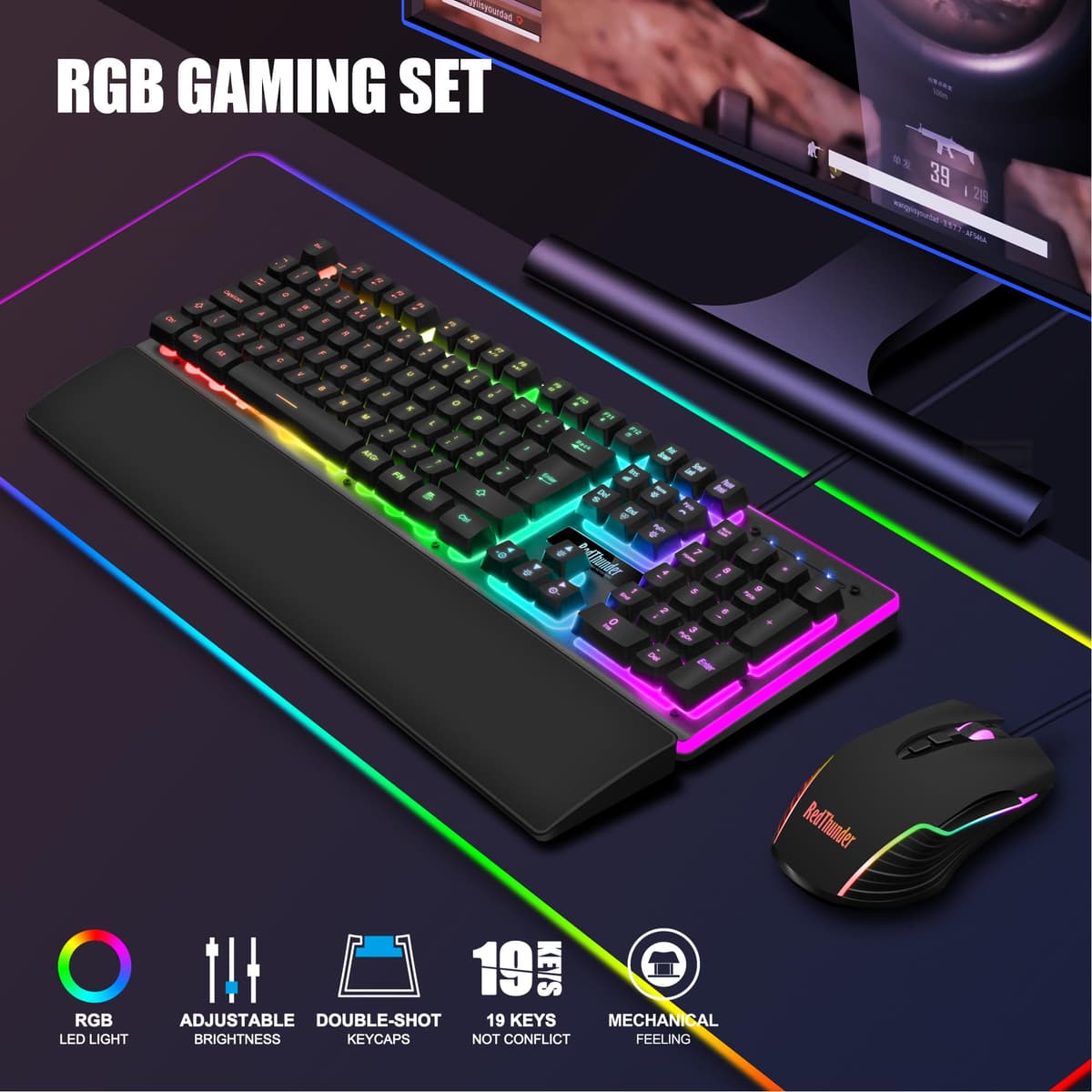 RedThunder K10 Wired Gaming Keyboard and Mouse Combo, UK Layout, True RGB Backlight, Soft Leather Wrist Rest, Mechanical Feel Ergonomic Anti-Ghosting Keyboard + 7D 7200 DPI Mouse for PC Mac (Black) — view 2