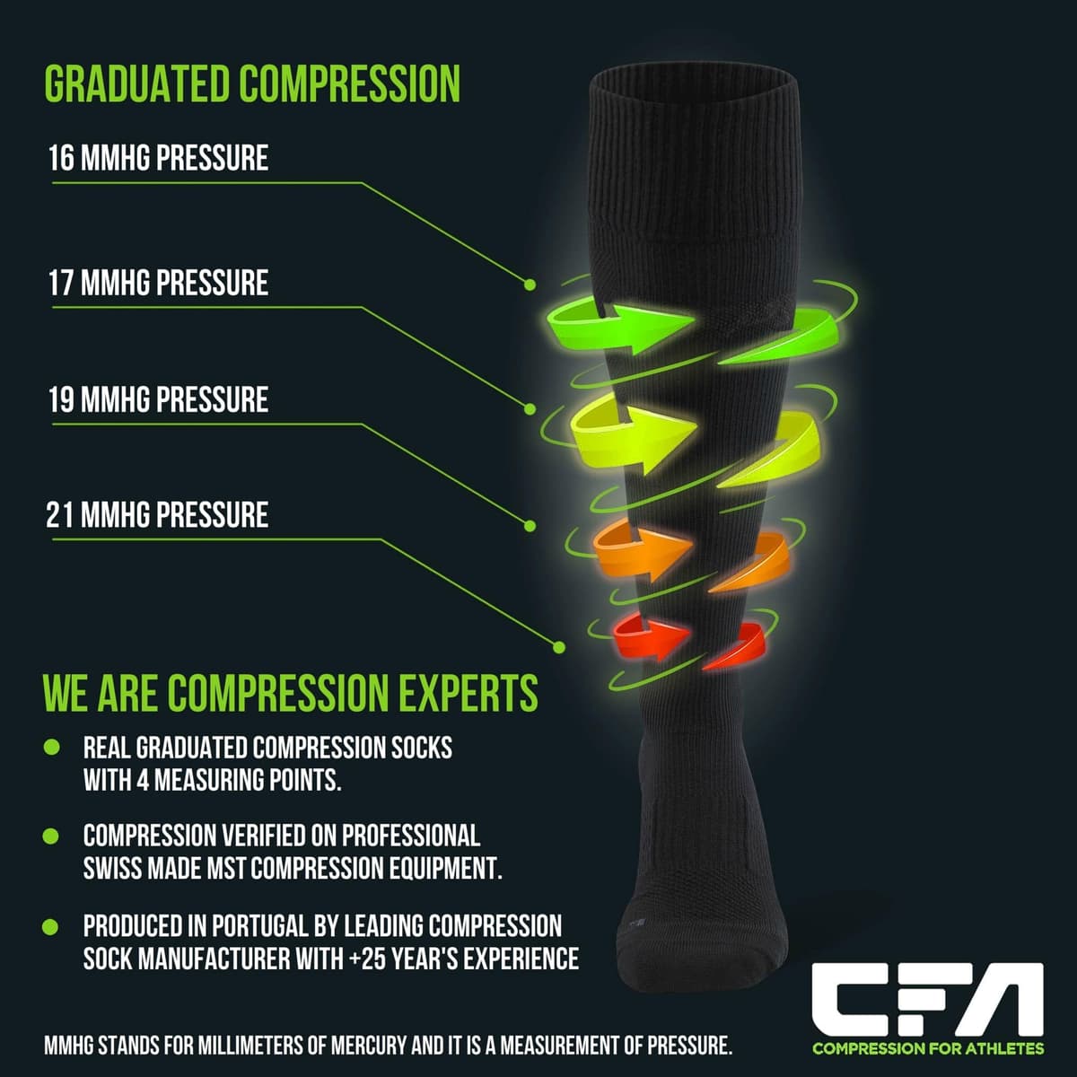 CFA V1 Calcetines Compresion Mujer y Hombre Graduada Antiampollas, Ideales Para El Deporte | Modelo Hasta La Rodilla | Soporte De Tobillo Y Arco | Diseño Danés | Fabricado En Portugal — view 5