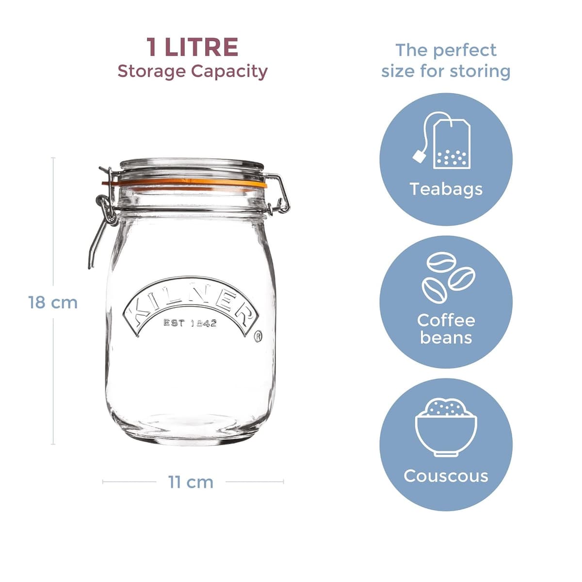 Kilner Clip Top Jar 1 Litre (1000ml) Airtight Glass Storage Jar for Preserving Fruits Vegetables Coffee Tea Rice Flour Nuts Pasta — view 4