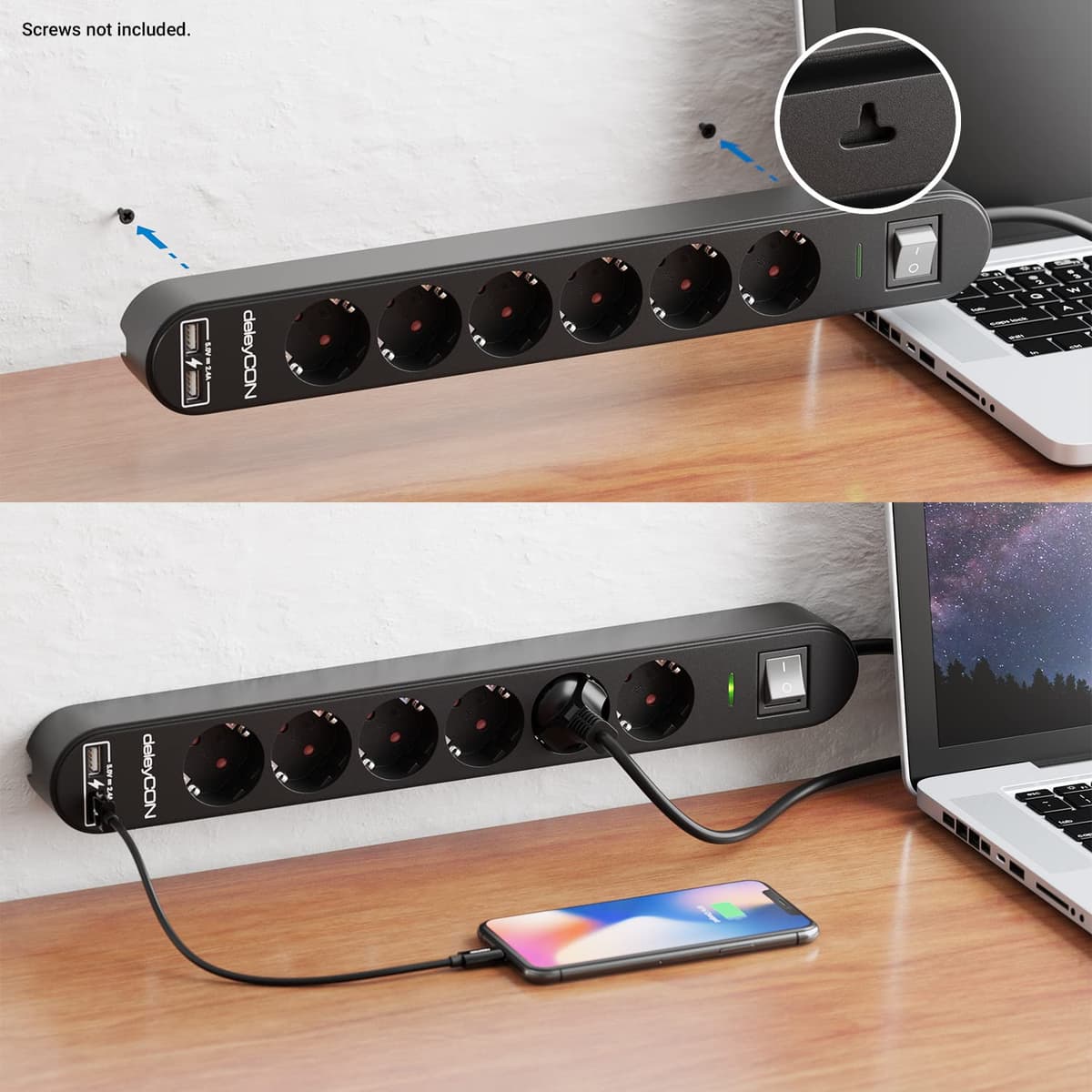 deleyCON Regleta con 1,5 m, Seis Tomas, Puertos USB, Dos Salidas USB-A para Cargar Móvil y Tableta, Protección contra Sobretensión, Interruptor, Negro — view 3