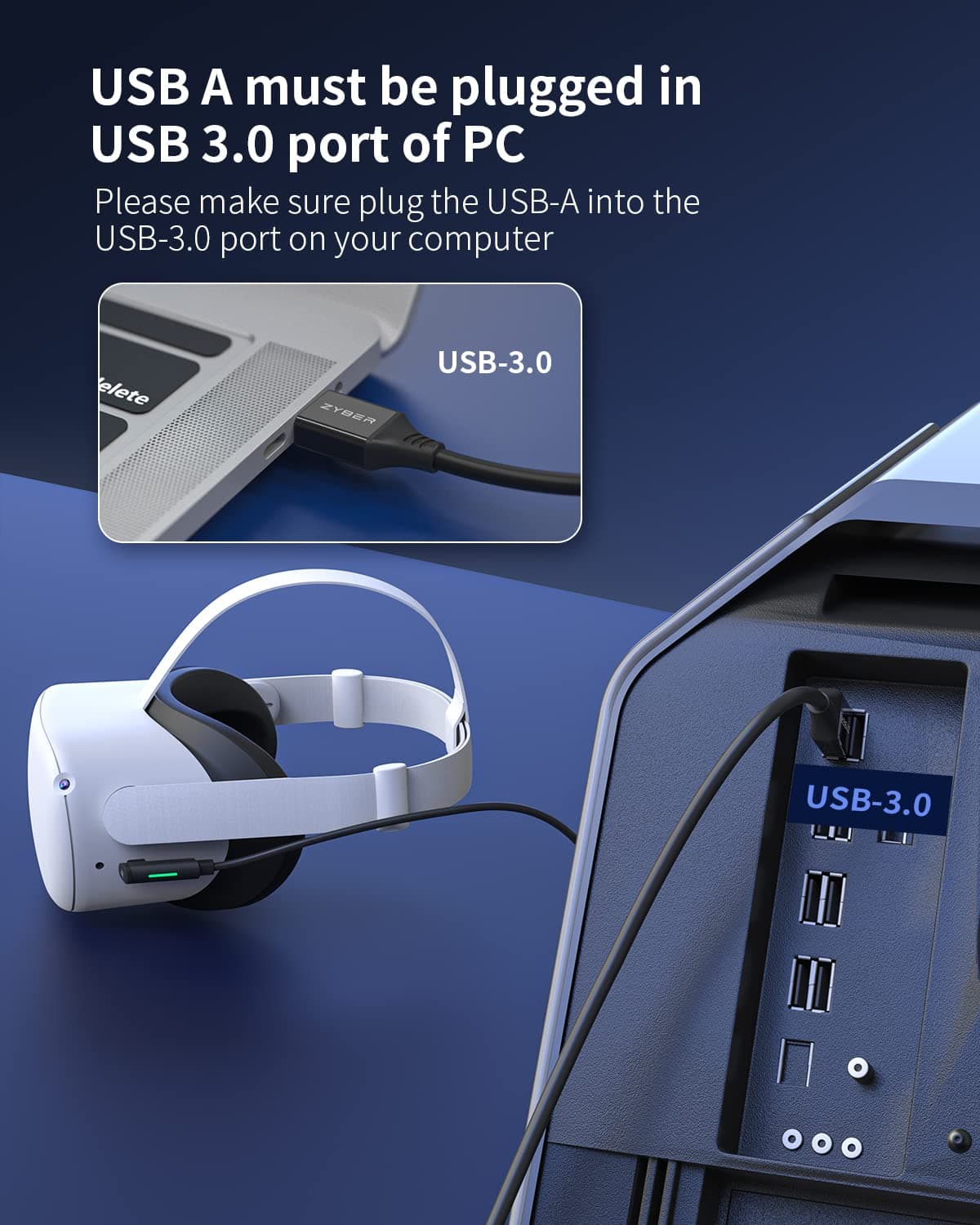 ZYBER Cable de Enlace 5M para Oculus Quest 2 y Pico 4, Quriculares VR para PC de Juegos Meta Quest Pro 2/1, Cable USB 3.0 a USB C de Alta Velocidad para PC VR y Steam VR (Blanco) — view 4