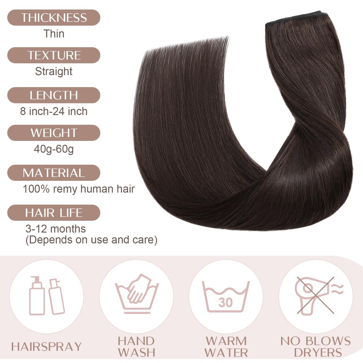 12 inch Clip in Hair Extension Human Hair One Piece 100% Real Remy [#2 Dark Brown] 3/4 Full Head Straight Hair Pieces for Women Invisible Short (40g) — view 6