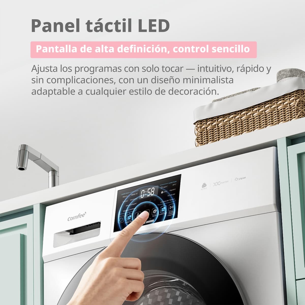 COMFEE' CFP03EW80W-HL Lavadora 8 kg de carga, Clase A -10%, Cuidado con vapor, Motor BLDC, Aprobada por Woolmark, Panel táctil, blanco — view 4