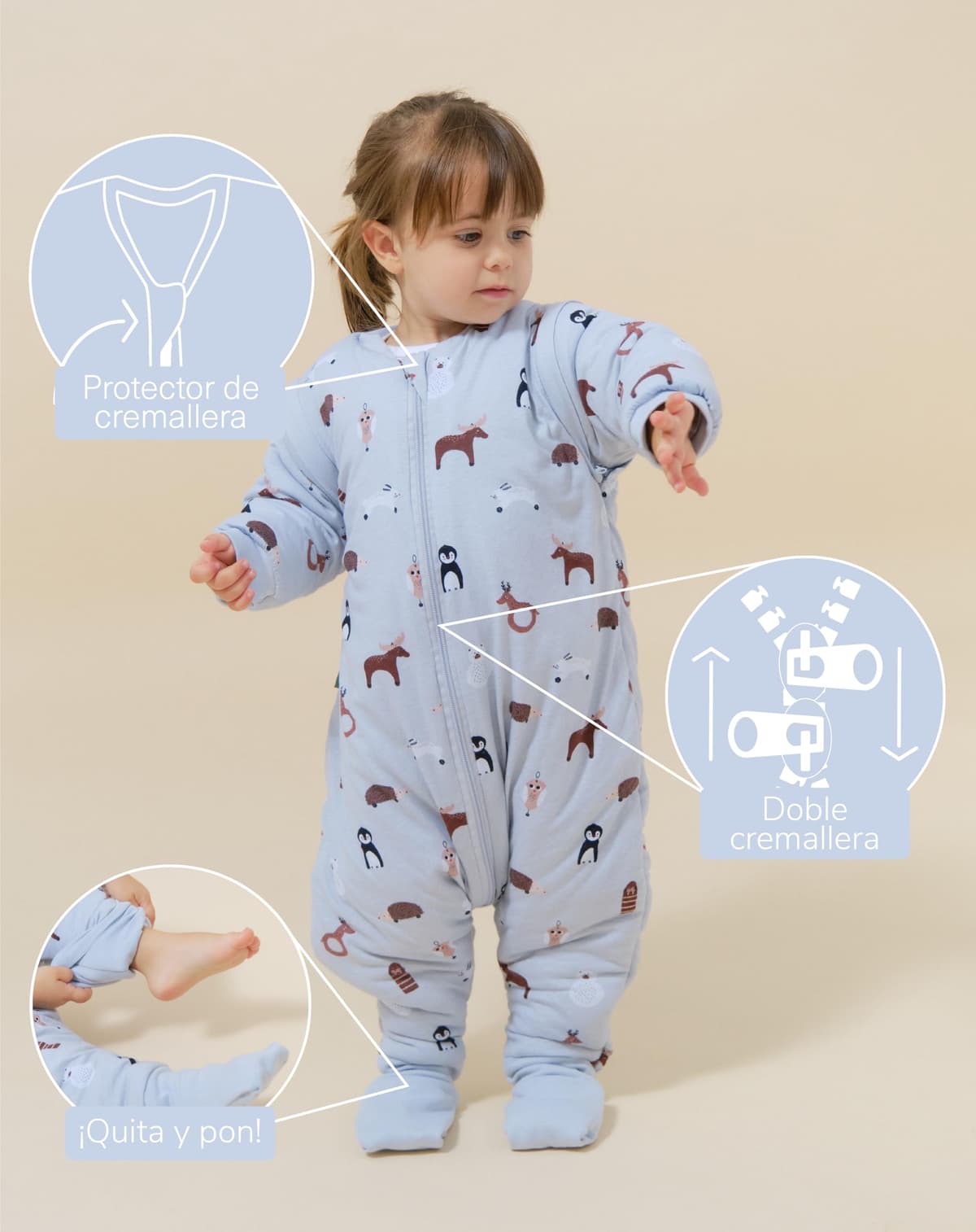 molis&co. Pijama Manta con Mangas Desmontables, Calcetines Antideslizantes, TOG 2.5 Estampado Winter Animals, Algodón 100%, Oeko-Tex 100 Certificado, 1 año — view 3
