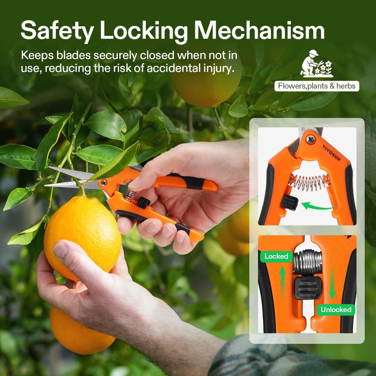 VIVOSUN 6.5 Inch Gardening Scissors Hand Pruner Pruning Shear with Straight Stainless Steel Blades Orange 1-Pack — view 5