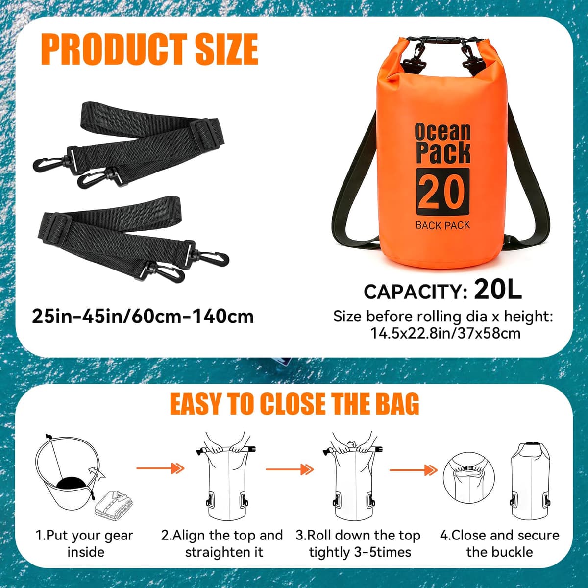 PQETBV Bolsa Estanca, 20L Bolsa Impermeable Mochila Estanca, Bolsa Seca con Correa de Hombro Ajustable para Barcos, Kayak, Pesca, Rafting, natación, Camping, Snowboard — view 2