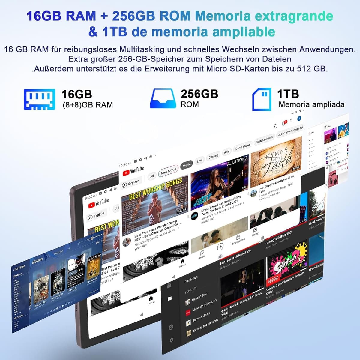 Tablet 11 Pulgadas Pantalla 2K PC 16GB RAM + 256GB ROM + TF 1TB, 10000 mAh/Octa-Core 2.0 GHz / 8MP+20MP+2MP Macro/ 2000 * 1200 Pixels / 5G WiFi/BT5.0/ Tablet con Funda Marrón — view 4