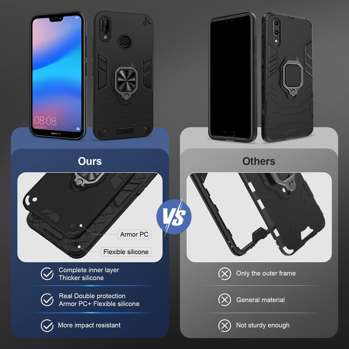 Funda para CMF Phone 2 Pro, Carcasa Antigolpes con Soporte anular metálico, Case Protectora de Grado Militar, Negro — view 1080