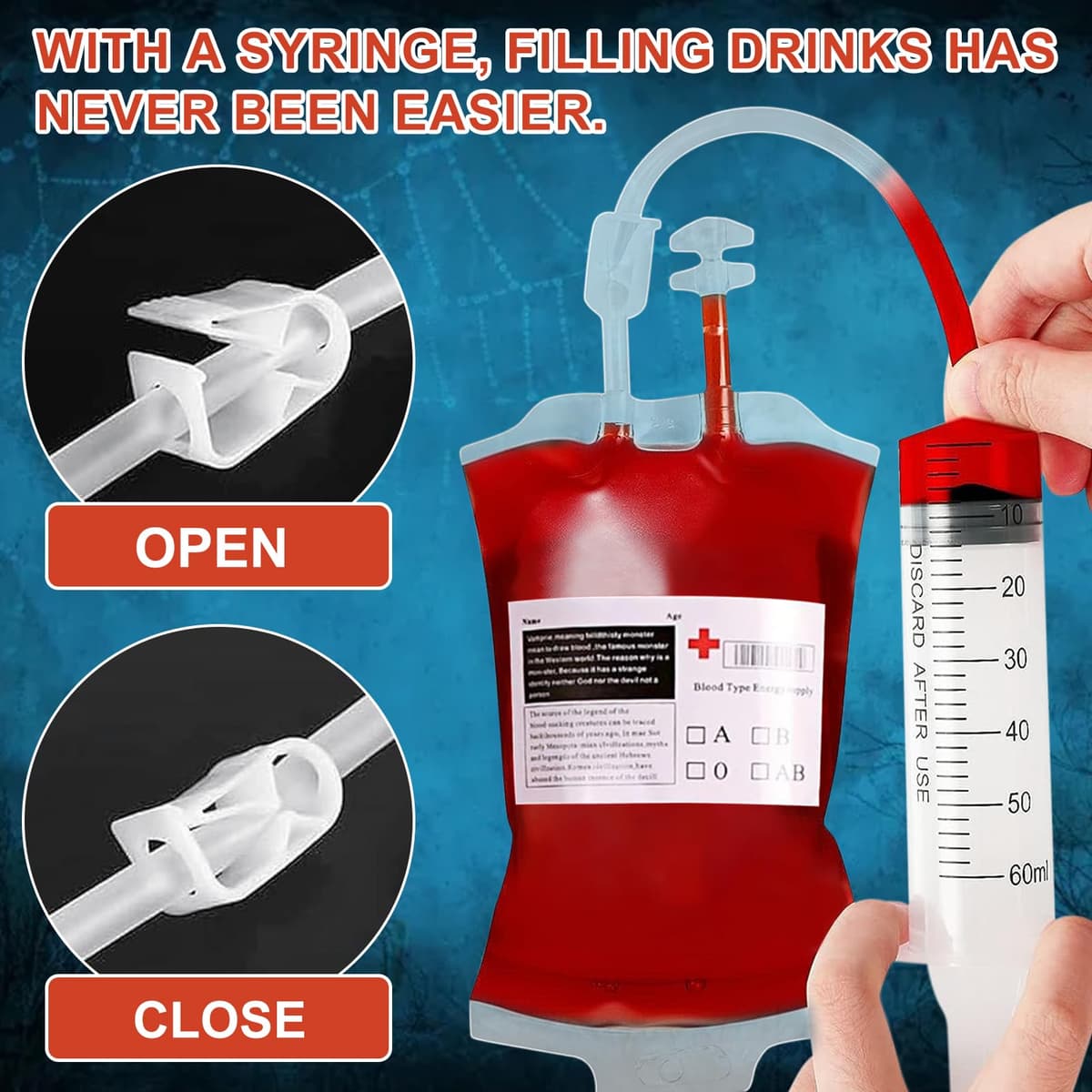 31 Piezas Bolsa de Beber Sangre para Halloween, Bolsa de Sangre para Bebidas, Bolsas de Sangre para Llenar, Reutilizable Contenedor de Bebida de Sangre para Decoración de Halloween Zombie Fiesta — view 3