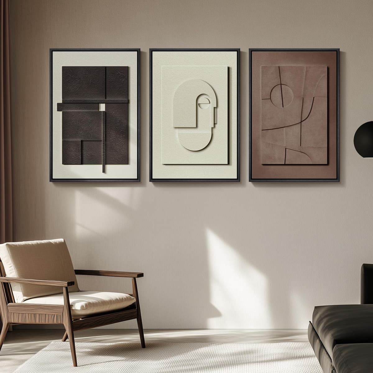 Large 3D Textured Framed Abstract Wall Art for Living Room, 3 Piece Modern Paintings Artwork for Walls, Black White Brown Geometric Sandstone Texture Pictures for Hallway Office Home Decor 24x36 In — view 7