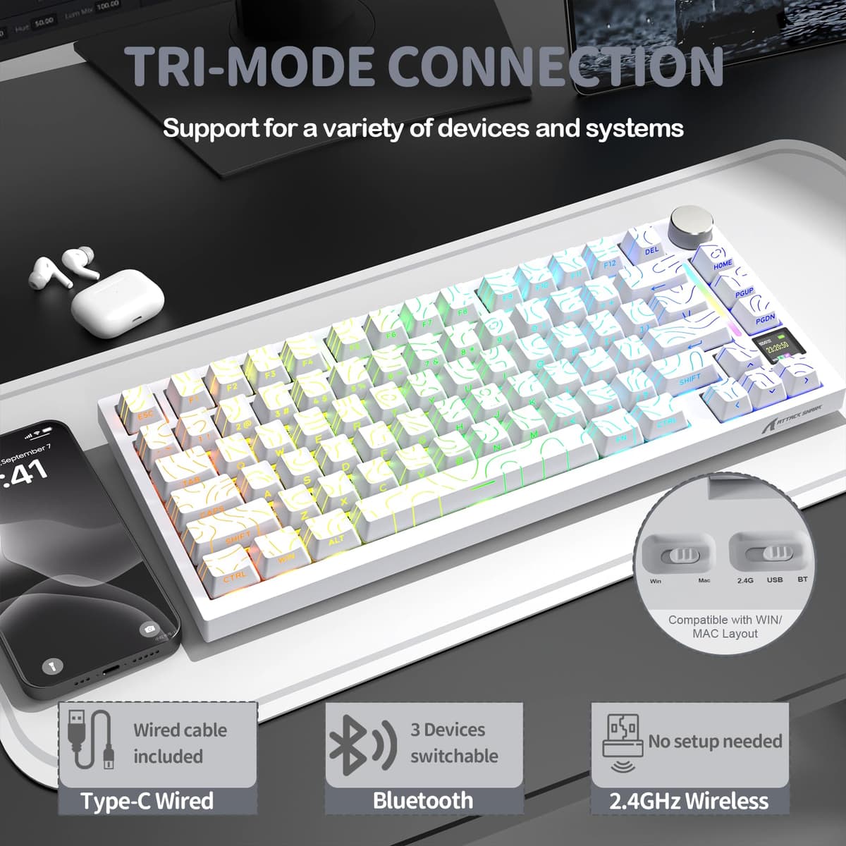 YINDIAO ATTACK SHARK X820 Ultra Teclado Mecánico Gasket con Pantalla TFT y Perilla, Diseño ANSI 75%, 2,4 GHz/BT/Cableado, 5 Espumas Insonorizantes, Hot Swap, para PC,MAC (Blanco, Interruptor Regalo) — view 4