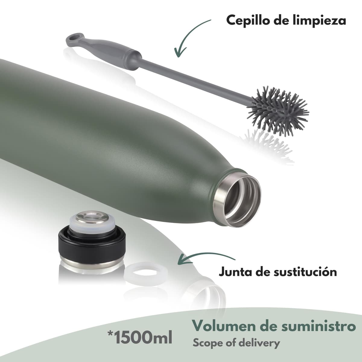 Milu Botella de acero inoxidable de 350ml 500ml 750 ml 1 L 1,5 L botella de agua aislada, termo a prueba de fugas, doble pared, apta para ácido carbónico + cepillo de limpieza (Verde oliva, 1,5 L) — view 5