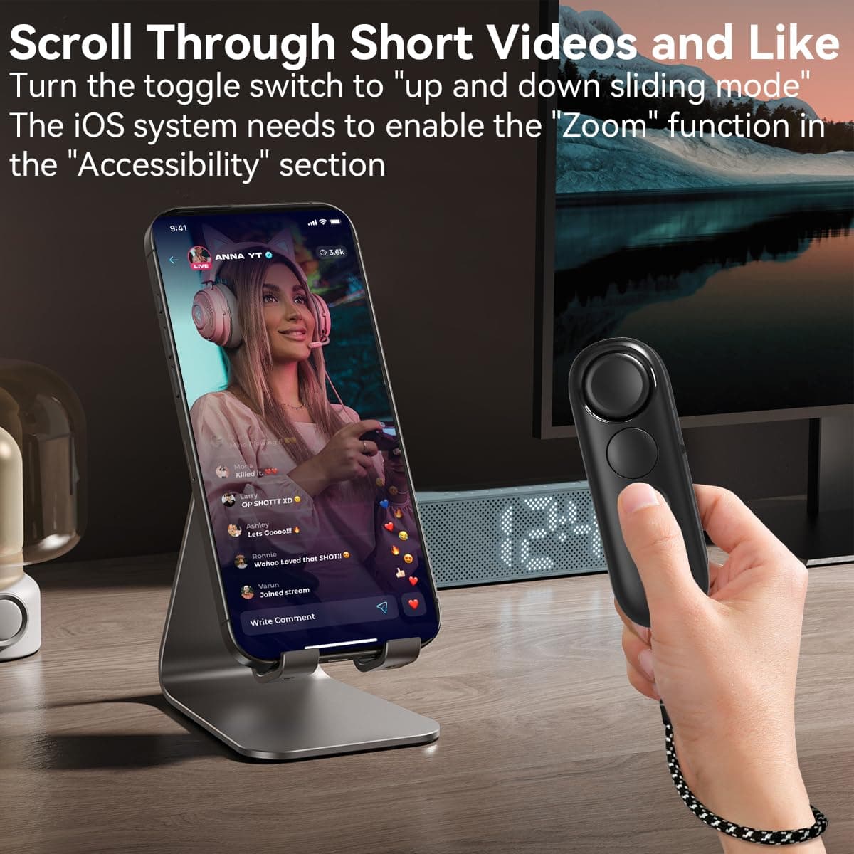 Mando a Distancia Bluetooth con Soporte para Aplicación de Lectura, Videos de TikTok/Youtube y Disparo Remoto, Pasapáginas Universal, Compatible con iPhone, iPad, Teléfonos y Tabletas Android, Ligero — view 5