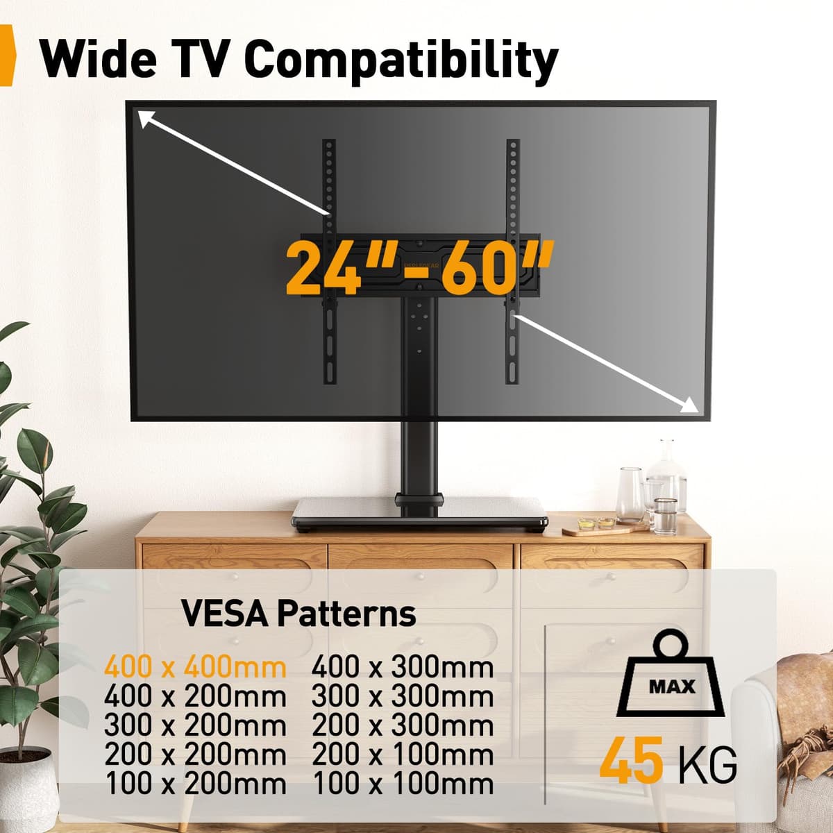 PERLEGEAR Universal TV Stand for 24-60 inch TVs up to 45kg, Swivel Height Adjustable Table Top TV Stands, TV Mount Stand with Tempered Glass Base, Pedestal TV Stand with Bracket Max VESA 400x400mm — view 3