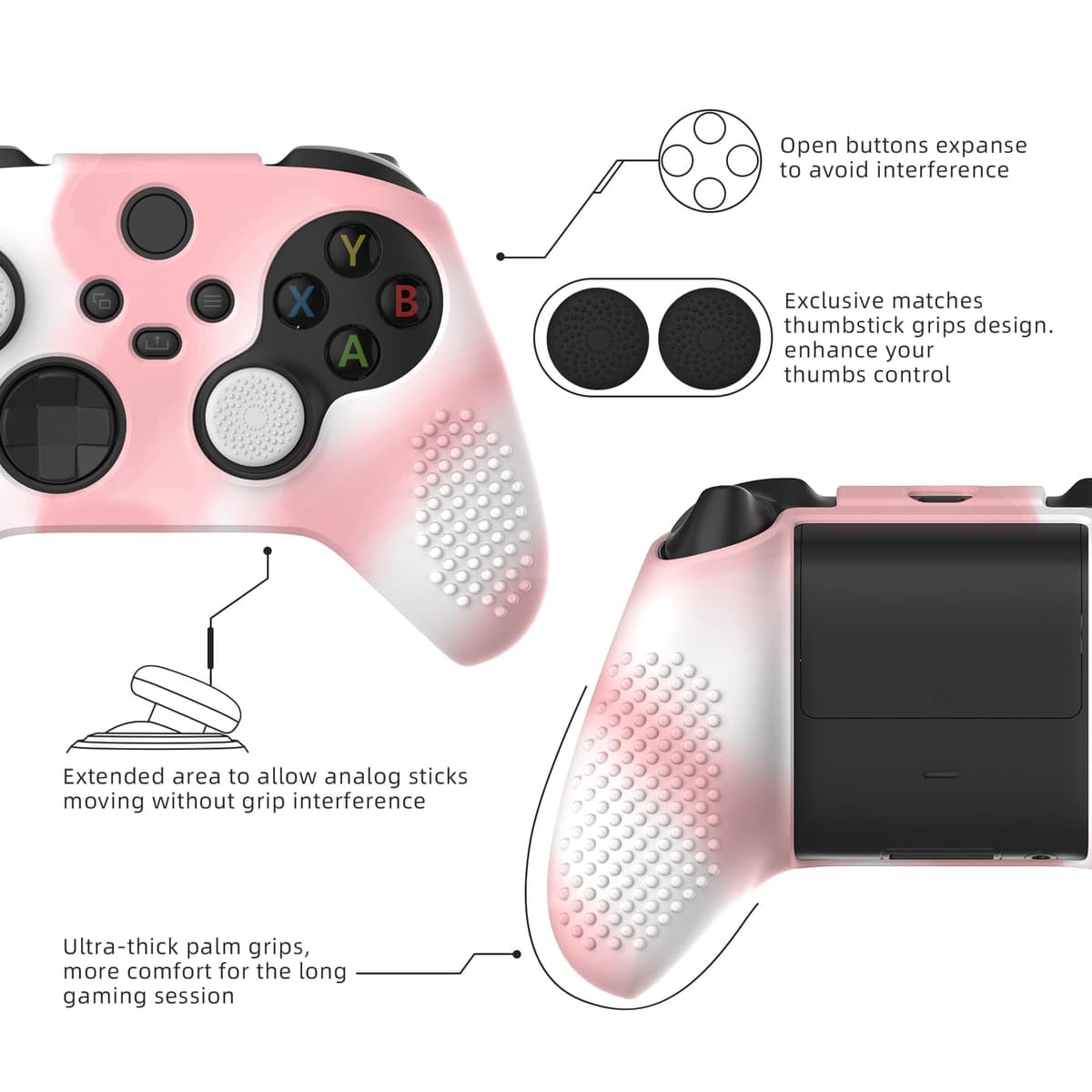 eXtremeRate PlayVital 3D Studded Edition Anti-Slip Silicone Cover Skin for Xbox Series X Controller, Soft Rubber Case Protector for Xbox Series S Controller with Thumb Grip Caps - Pink White — view 5