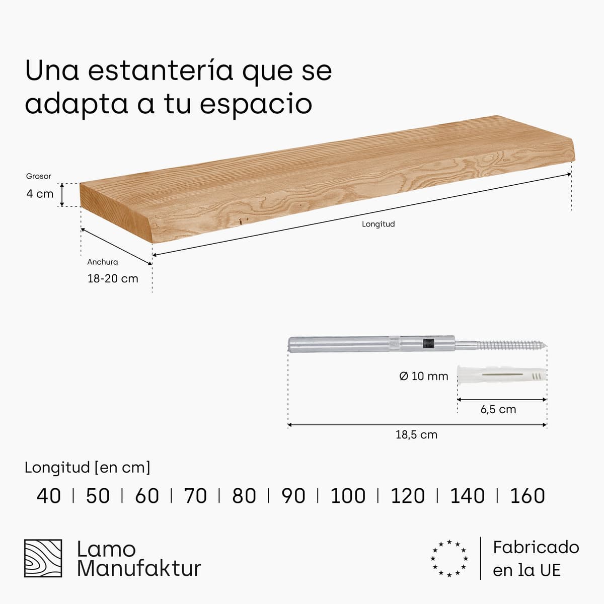 LAMO Manufaktur Estantería Flotante Pared de Madera con fijación Invisible | Estantería 100 cm Ancho para salón, Cocina, Oficina | Color: Natural, Borde: Natural | Madera Maciza, diseño Moderno — view 2