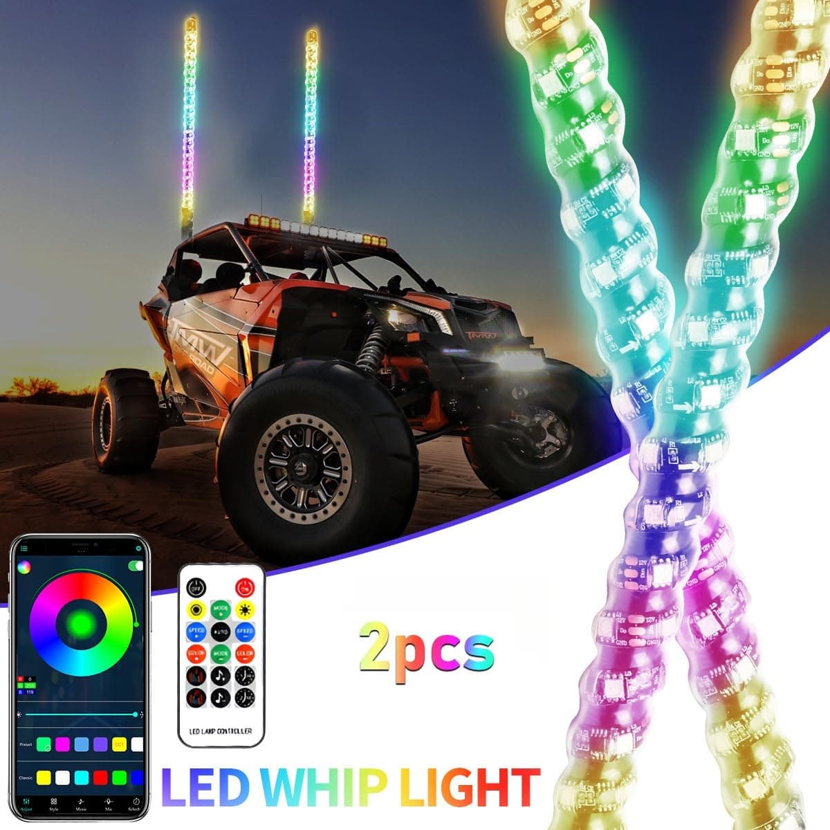 2 Pack 3FT Whip Lights, LED Whip Light with App & Remote Control, Spiral RGB Chasing Lighted Antenna Whips, Whip Light for UTV ATV RZR SXS Can-Am Dune Buggy Offroad Truck (3FT) — view 2