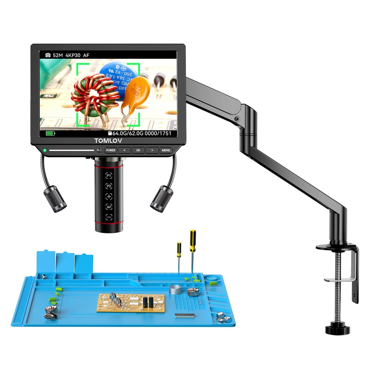 TOMLOV TM4K-AF Flex 4K 8" Digital Microscope with Autofocus, 52MP HDMI Professional Magnification 2000X for Coins, with Flexible Arm, Soldering Mat, Ring Light, Compatible PC/TV, 64GB