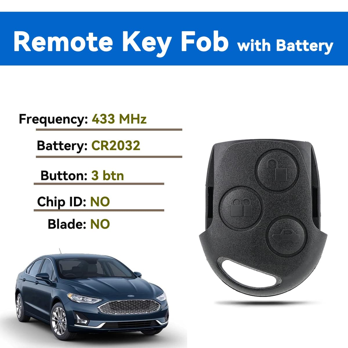 3 Button Remote Key Fob Replacement Black Head for Ford Fiesta MK6 Focus MK2 Mondeo Fusion KA S-Max C-Max Cougar Transit Tourneo Connect Key 433MHz (NO Chip NO Blade） — view 3