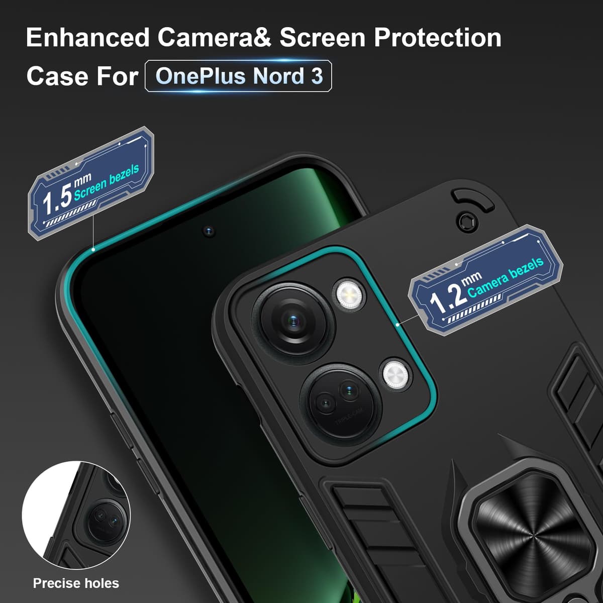 Funda para CMF Phone 2 Pro, Carcasa Antigolpes con Soporte anular metálico, Case Protectora de Grado Militar, Negro — view 784