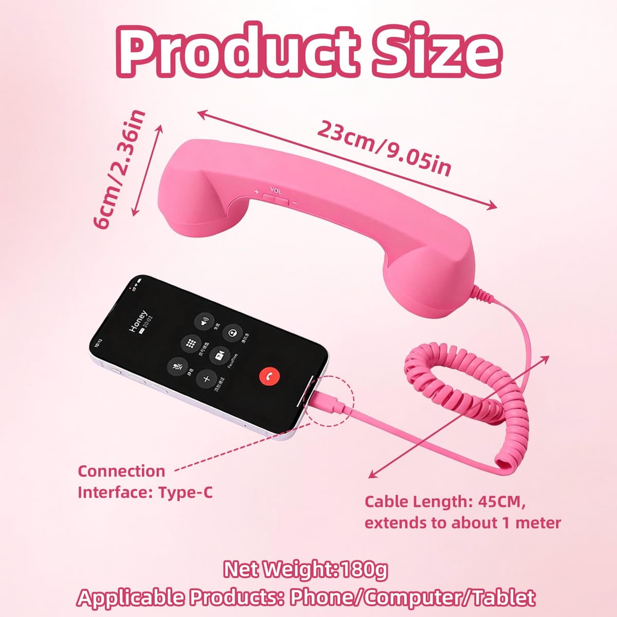 Retro Phone Handset for iPhone & Android, 2026 New Type-C Wired Receiver with Microphone & Speaker, Vintage Landline Style Handle for Noise Cancelling Calls, Meetings, and Home Office Desk Use (Pink) — view 2