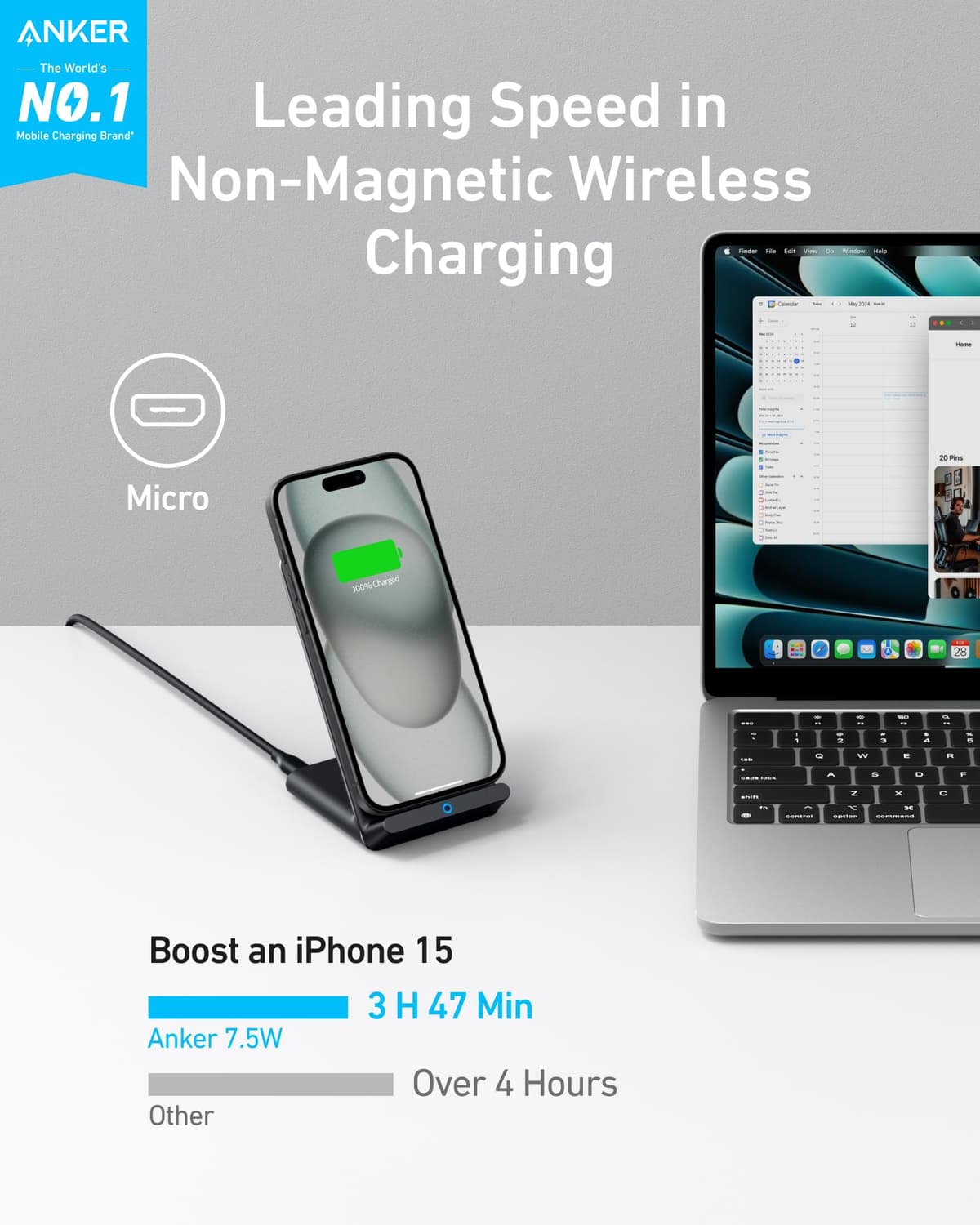 Anker Wireless Charger, PowerWave Stand, Qi-Certified for iPhone 15/14/13/12 Series, SE, 11, 11 Pro, 11 Pro Max, XR, Xs Max, 10W Fast-Charging Galaxy S20 S10 S9 S8, Note 10 (No AC Adapter) — view 2