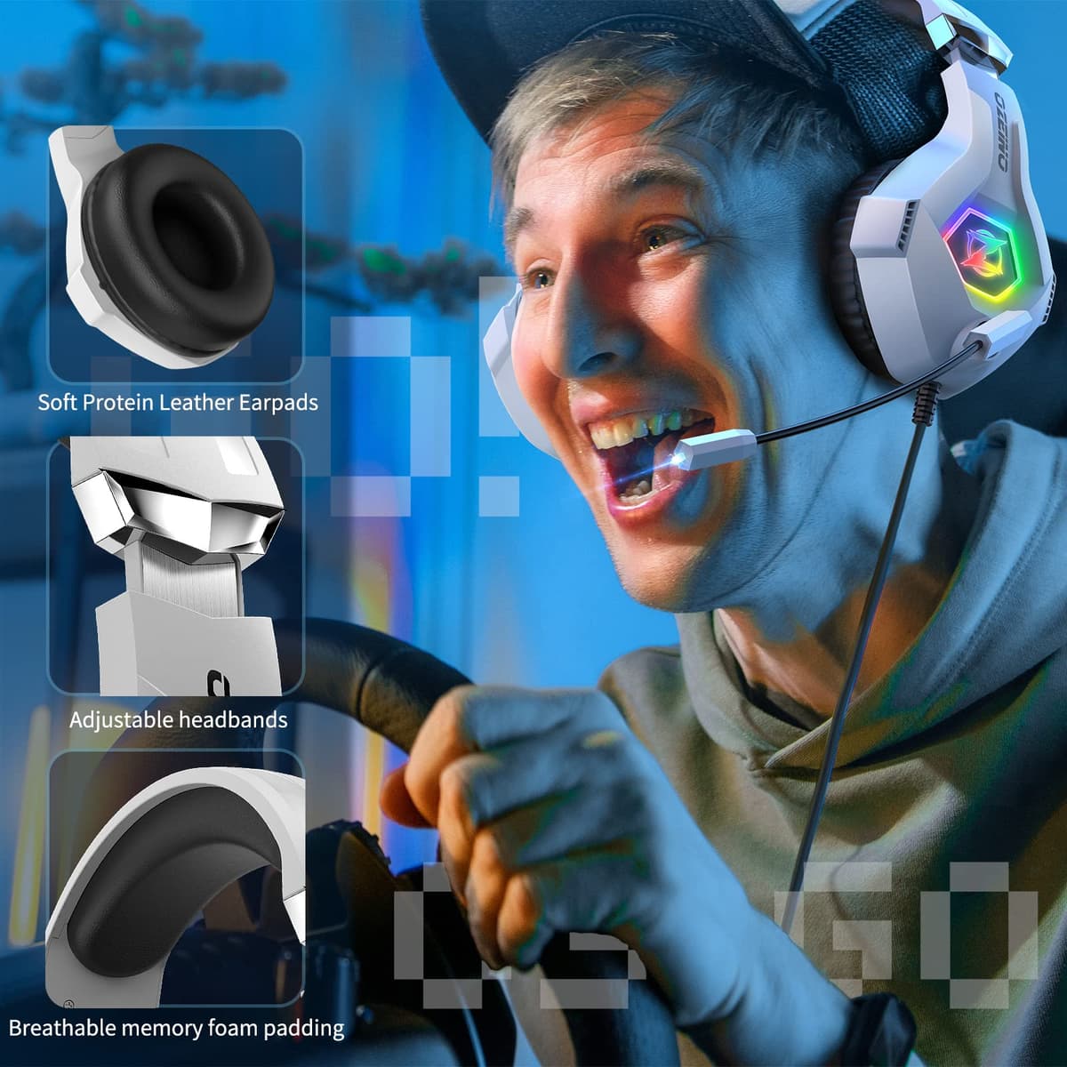 Ozeino Gaming Headset for PS5 PS4 PC, Over-Ear Headphones with Surround Sound & RGB Light for Xbox one Switch Mac Laptop (white) — view 5