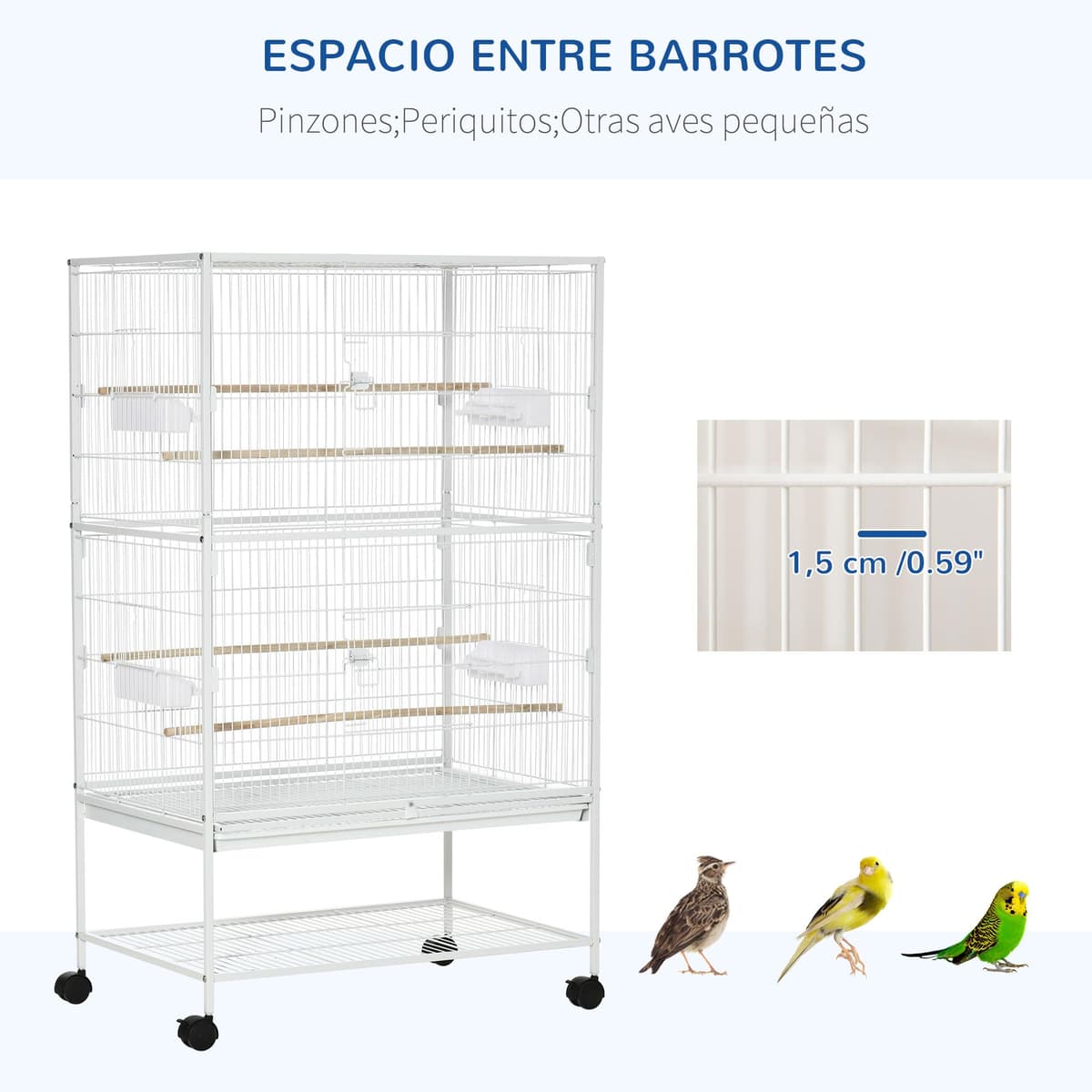 PawHut Jaula para Pájaros con Ruedas Pajarera Metálica con Bandeja Extraíble 4 Puertas 4 Comederos 4 Perchas y Estante de Almacenaje Jaula para Canarios Periquitos 78x52x132 cm Blanco — view 5