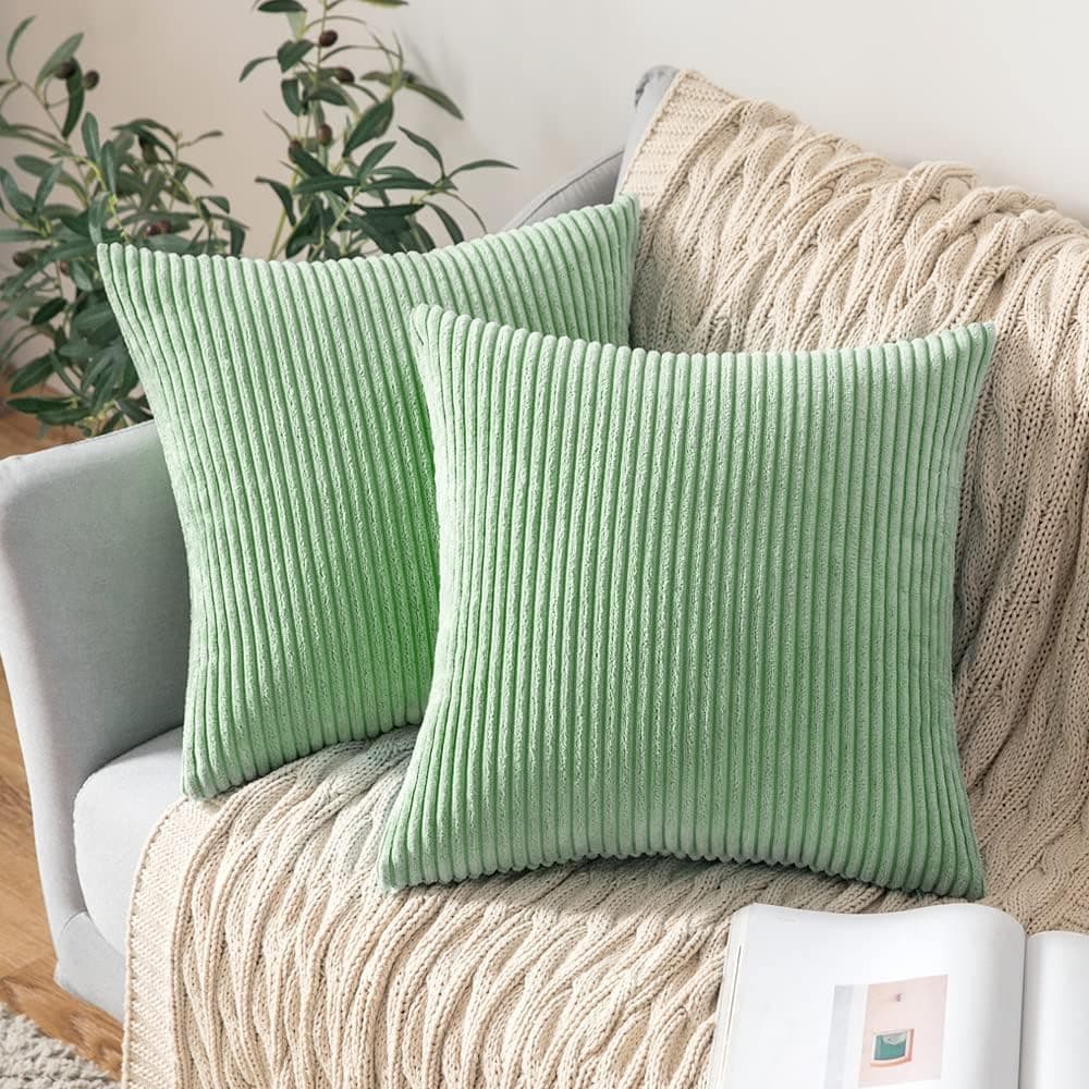 MIULEE Set of 2 Striped Corduroy Square Throw Pillow Case Soft Cushion Covers Sham Home for Sofa Couch/Bedroom Decorative Fluffy Large Pillowcases 18x18 Inch 45x45cm Sage Green — view 7