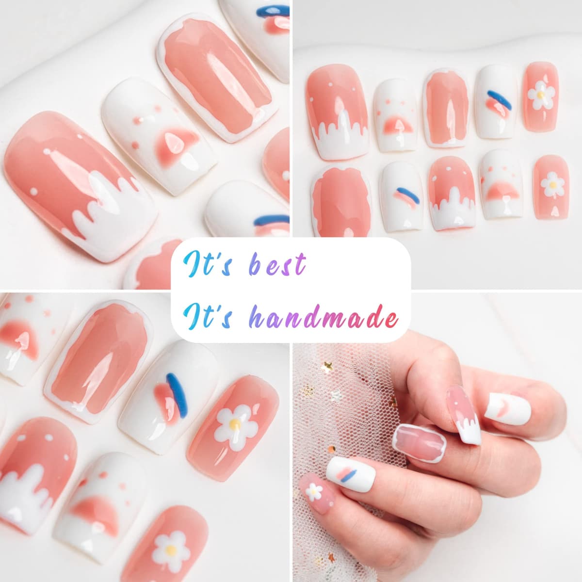 Sun&Beam Nails Handmade Press On Nail Long Coffin Ballerina Pink Flower Acrylic Fake Tip 3D Design Art Charms Cute with Storage Box 10 Pcs (S) — view 131