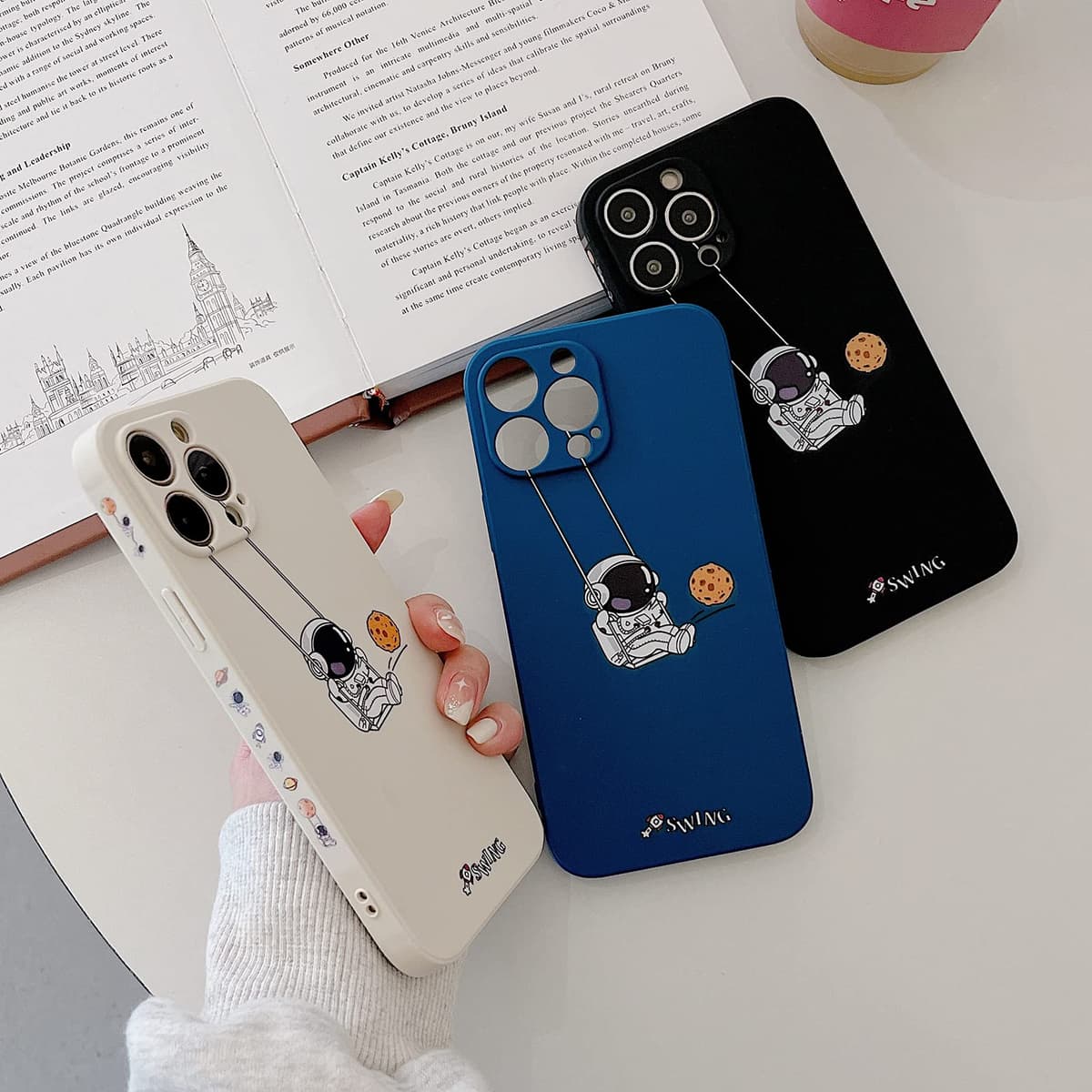 Yonds Queen for iPhone 14 Plus Cute Case, Cool Cartoon Swing Astronaut Planet Moon Space Design Stylish TPU Bumper Shockproof Anti-Slip Protector Fashion Case (Black Planet, iPhone 14 Plus) — view 6