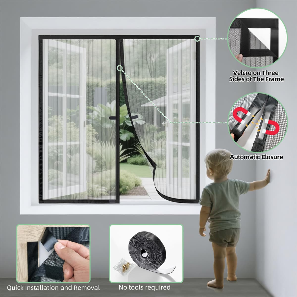 WENT Mosquitera magnética para ventanas, 90 x 120 cm, mosquitera magnética para puertas y ventanas, corredera, cierre automático, con cinta adhesiva, instalación rápida sin herramientas, color negro — view 3