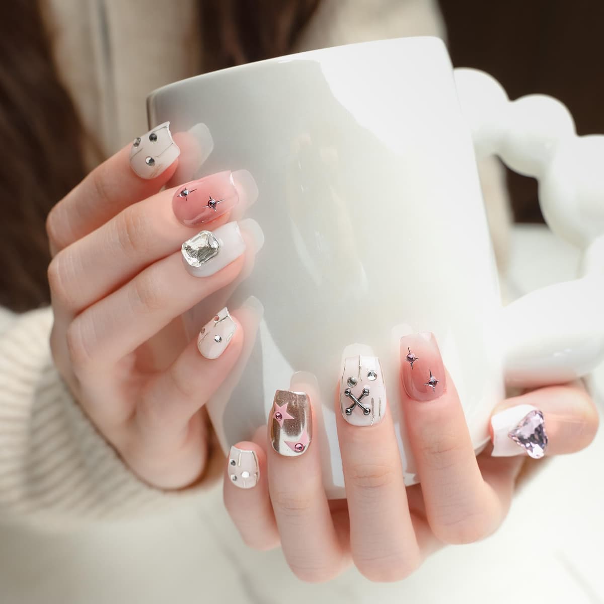Sun&Beam Nails Handmade Press On Nail Long Coffin Ballerina Pink Flower Acrylic Fake Tip 3D Design Art Charms Cute with Storage Box 10 Pcs (S) — view 271