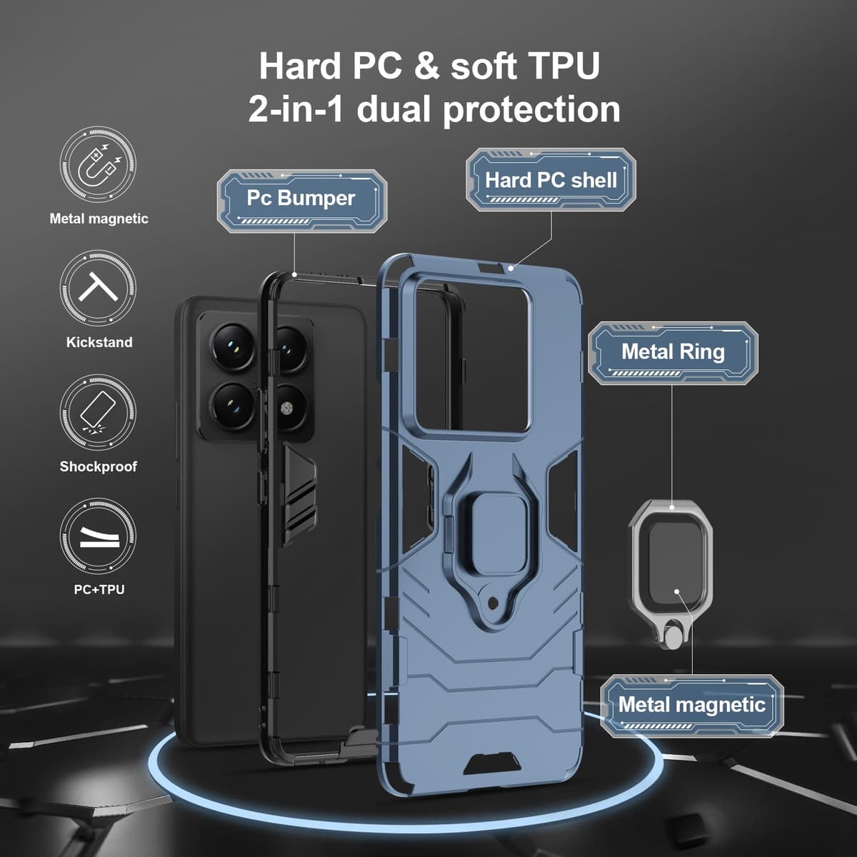 Funda para CMF Phone 2 Pro, Carcasa Antigolpes con Soporte anular metálico, Case Protectora de Grado Militar, Negro — view 975