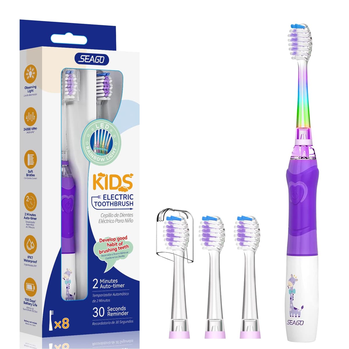 Seago Cepillo de Dientes Infantil Eléctrico Para Niños 3–12 Años Kids Con Luz de Colores,Temporizador Inteligente de 2 minutos,4 Cabezales Suaves SG-EK6/SG-977 (Rosa) — view 12