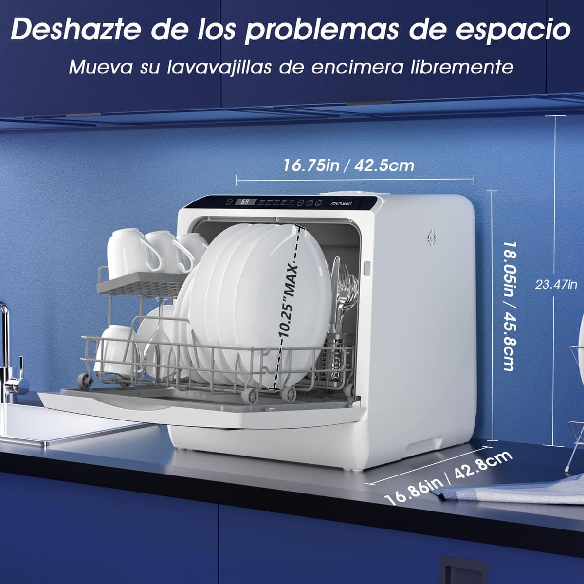 AIRMSEN Mini Lavavajillas de Sobremesa con 5+1 Programas, Depósito de 5 Litros, 2 Formas de Suministro de Agua, Control Táctil y Pantalla LED, Ideal para Cocinas Familiares, Apartamentos, Blanco — view 2