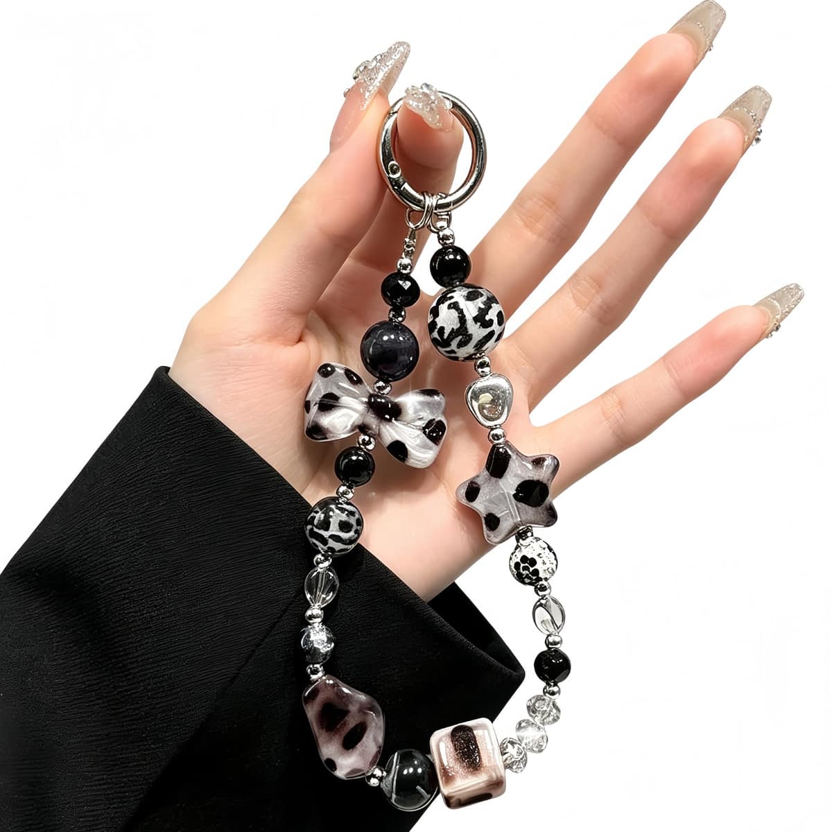 LIFCIUSO Phone Charm with Crystal/Handpainted Bead, Kawaii Hands-Free Wrist Strap for Women Girl, Cute Heart Fluffy Leopard Print Shell Bead, Luxury Bling Diamond Glitter Beaded, Phone Lanyard — view 9