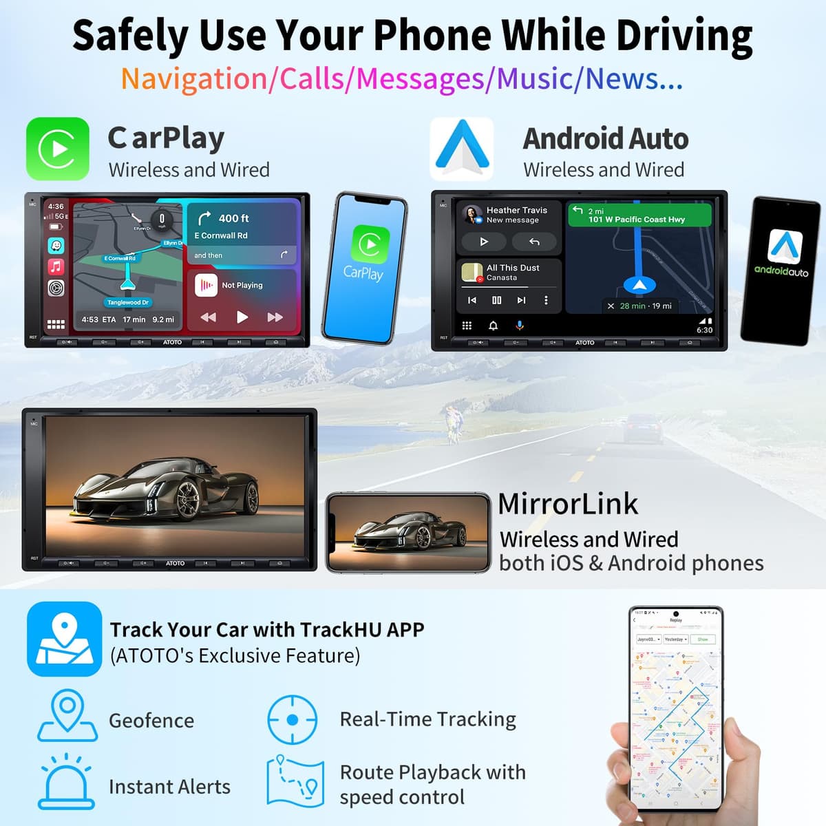 ATOTO A6PF Android Radio 2 DIN, CarPlay inalámbrico, Android Auto inalámbrico, Pantalla táctil de 7 Pulgadas Dab+ Autoradio, 2 Bluetooth, Conexión a Internet WiFi/BT/USB, HD LRV, 2G+32G, A6G2A7PF — view 4