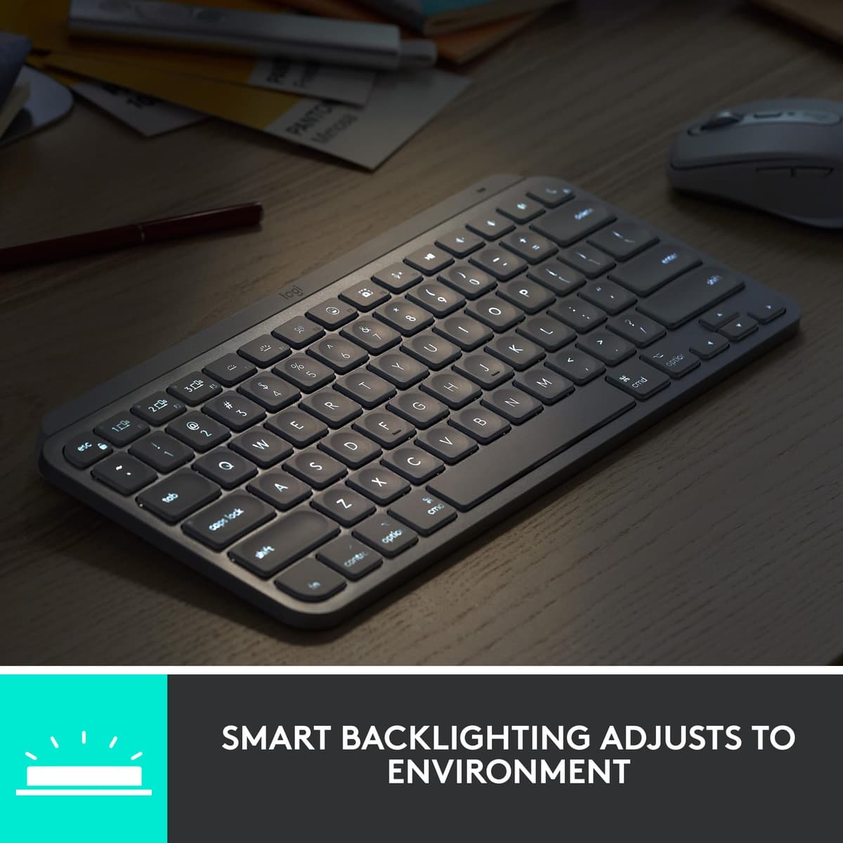 Logitech MX Keys Mini Minimalist Wireless Illuminated Keyboard, Compact, Bluetooth, Backlit, USB-C, Compatible with Apple macOS, iOS, Windows, Linux, Android, Metal Build, QWERTY UK Layout - Graphite — view 5