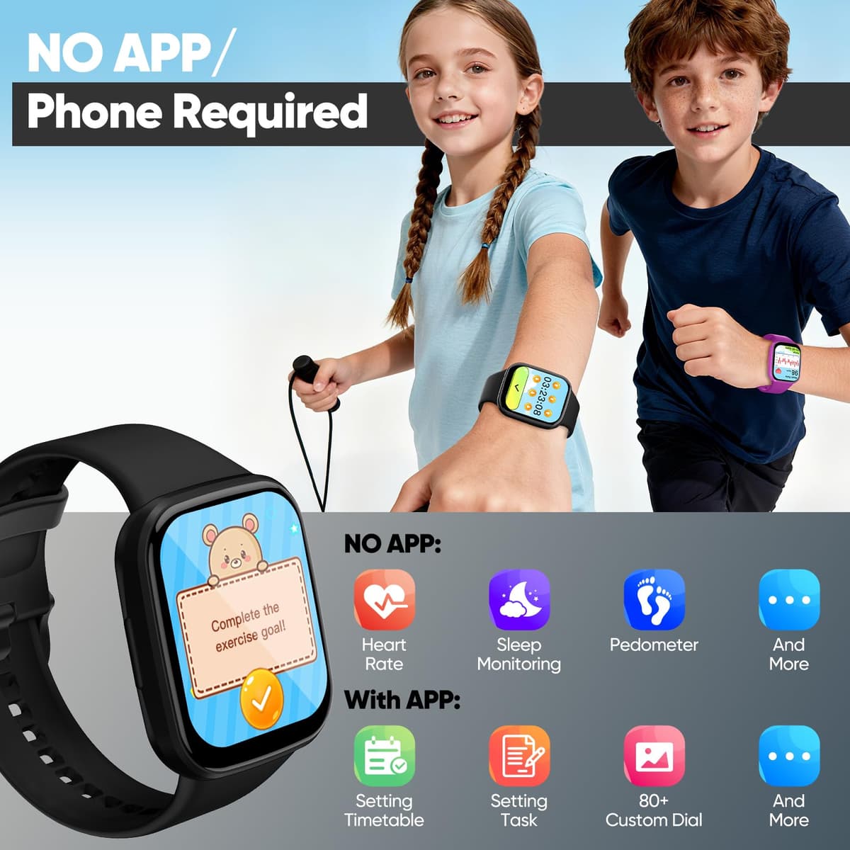 Kids Smart Watch for Boys Girls, HD Touchscreen Fitness Tracker with Heart Rate, Sleep Monitor, Activity, Pedometer, IP68 Waterproof SmartWatch with/without App, Gifts for Kids 4-12 (Black) — view 3
