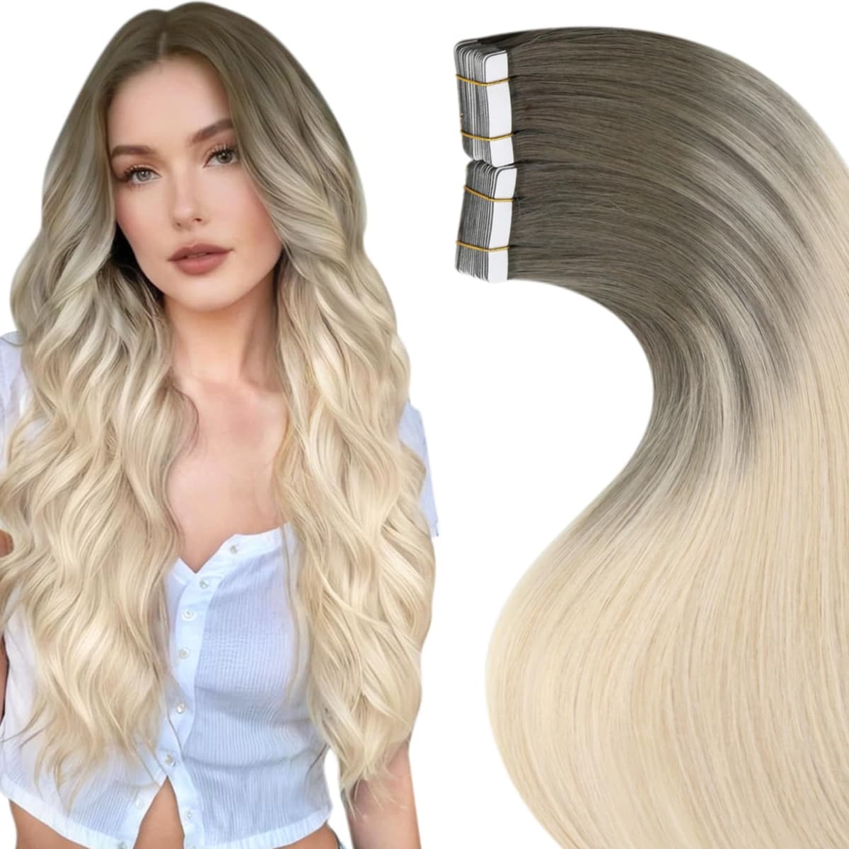 LaaVoo Tape in Hair Extensions Human Hair Blonde Tape Hair Extensions Real Human Hair Invisible Tapes Remy Straight Balayage Brown to Blonde Hair Double Sided Tabs 20pcs 50g 16 Inch #8/18/60 — view 90