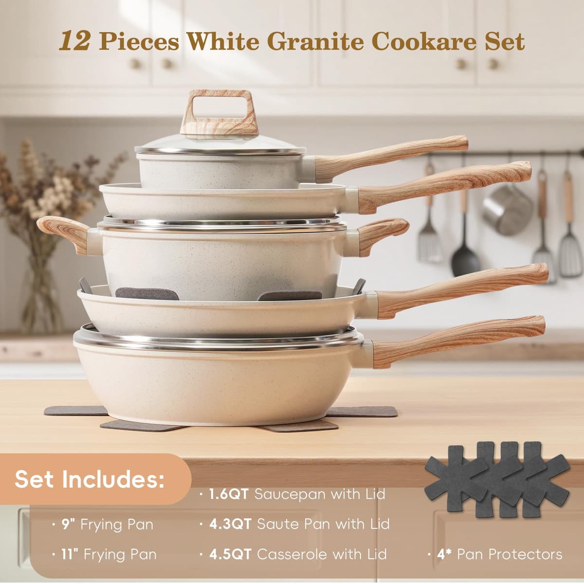12 Pcs Pots and Pans Set Non Stick, Cookware Sets White Granite Induction Cookware, Non-toxic Healthy Nonstick Kitchen Cooking Set with Frying Pan Set, Saucepans (PFAS/PFOA/PFOS Free) — view 2