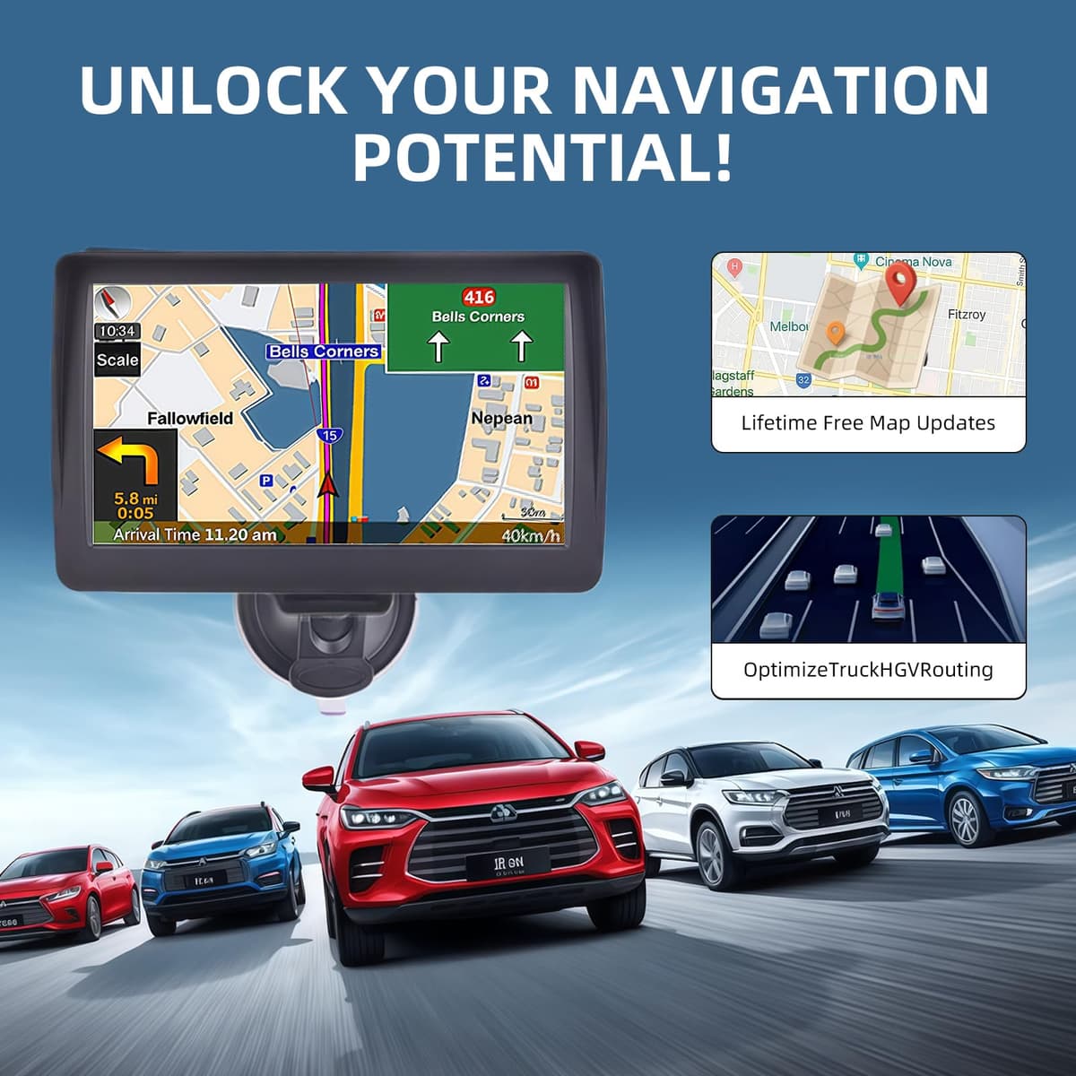 7 Inch Sat Nav for Car & HGV Truck, HD GPS Navigation System with 2026 UK & Europe Maps, Lifetime Free Updates, Support Postcode Search, Voice Guidance, Speed Camera Alerts, and POI — view 5