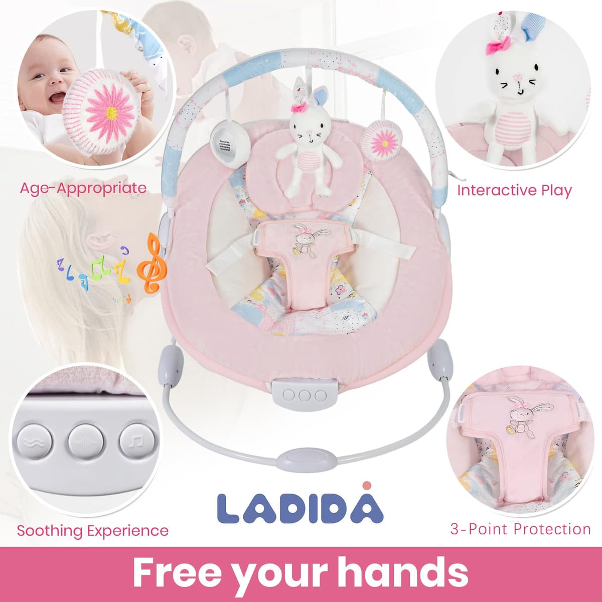 LADIDA Soft and Padded Baby Bouncer with Soothing Music and Vibration, Pretty Pink Rabbit Theme, Suitable for Newborns — view 5