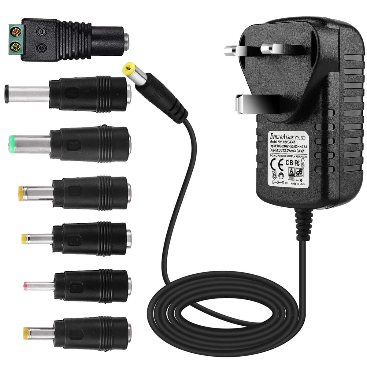 EFISH 12V 3A 36W Power Supply,AC to DC Adapter with 7 Selectable Adapter Conversion Heads fit for Led Strips,CCTV Camera,Cisco Router,Router,Alarm bell,Case Fan,CE Approved